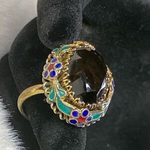 Vintage Asian Export Gold Wash Silver Enamel Ring size 6 Signed Silver